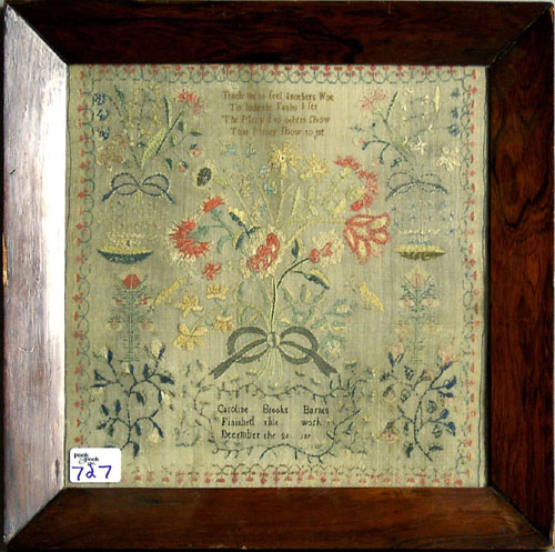 Appraisal: Silk on linen needlework dated wrought by Caroline Brooks Barnes