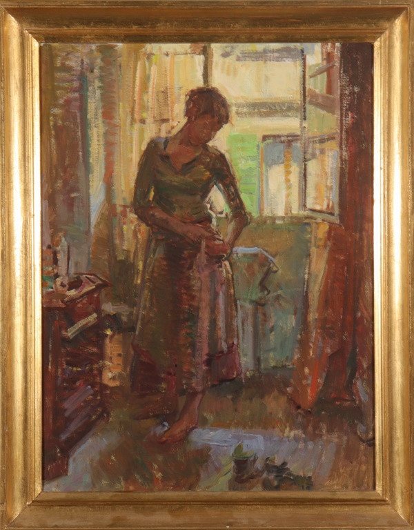 Appraisal: BEN FENSKE JOHANNA FIXING HER SKIRT OIL Ben Fenske American