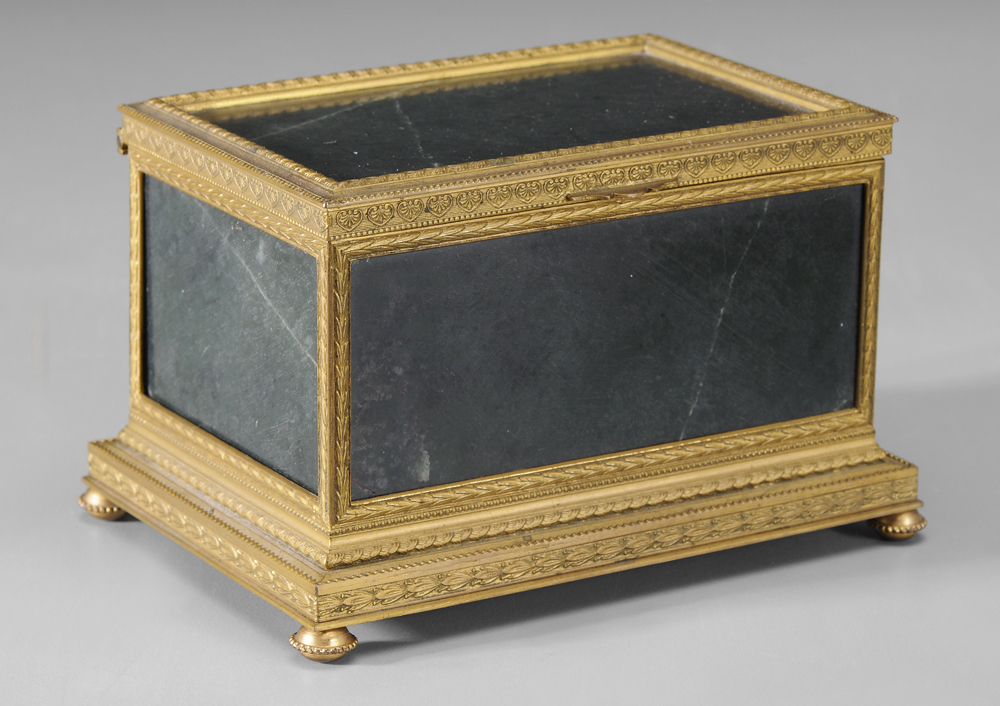 Appraisal: Gilt Bronze-Mounted Jade Box French th century panels of jade