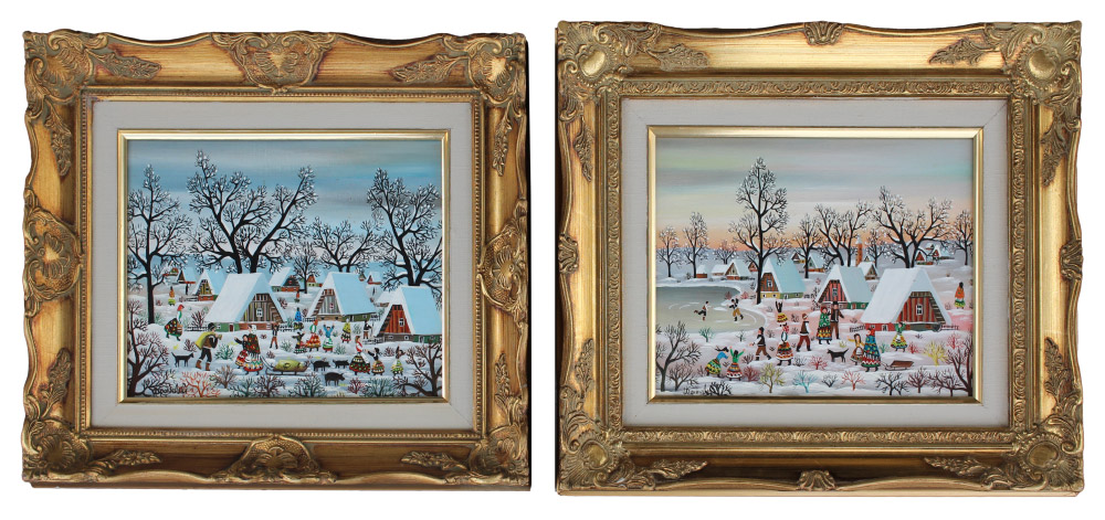 Appraisal: PAIR OF KOWALSKI WINTER VILLAGE LANDSCAPE PAINTINGS Both pieces are