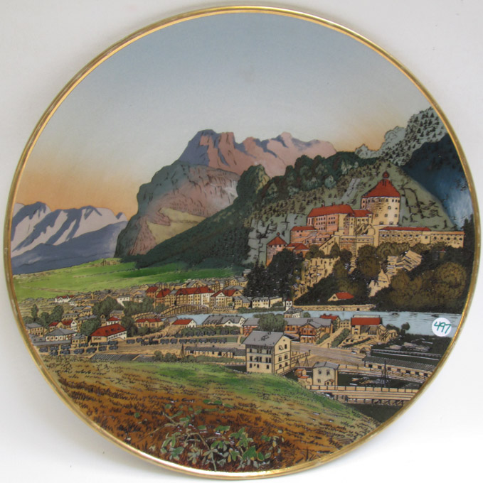 Appraisal: METTLACH ETCHED POTTERY PLAQUE Town of Kufstein incised Mettlach logo