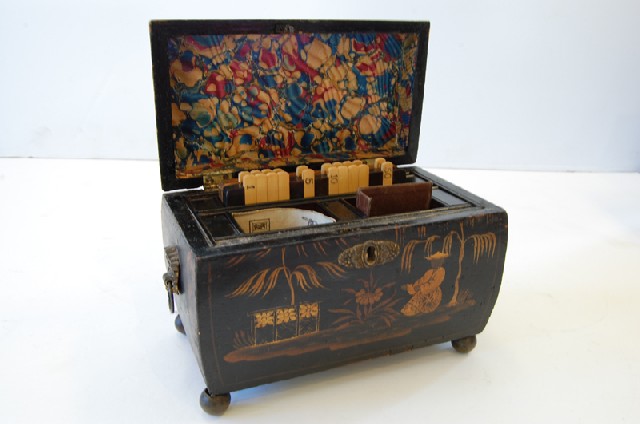 Appraisal: TH CENTURY CHINOISERIE GAMES BOX WITH WHIST COUNTERS