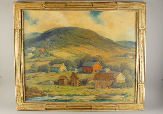 Appraisal: E th C Pennsylvania Farm in Mountains Oil on canvas