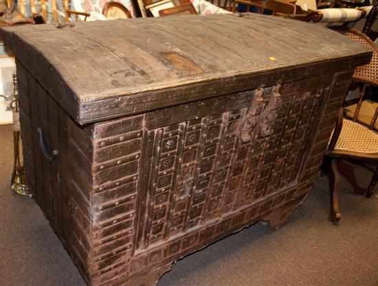 Appraisal: Pakistani metal-mounted wood dowry chest on wheels Estimate - No