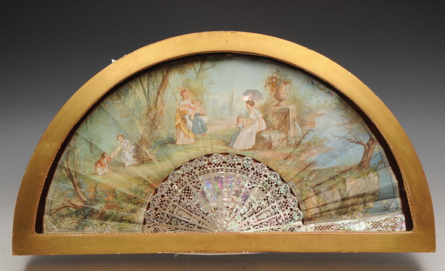 Appraisal: A FRENCH PAINTED PAPER AND MOTHER OF PEARL FAN decorated