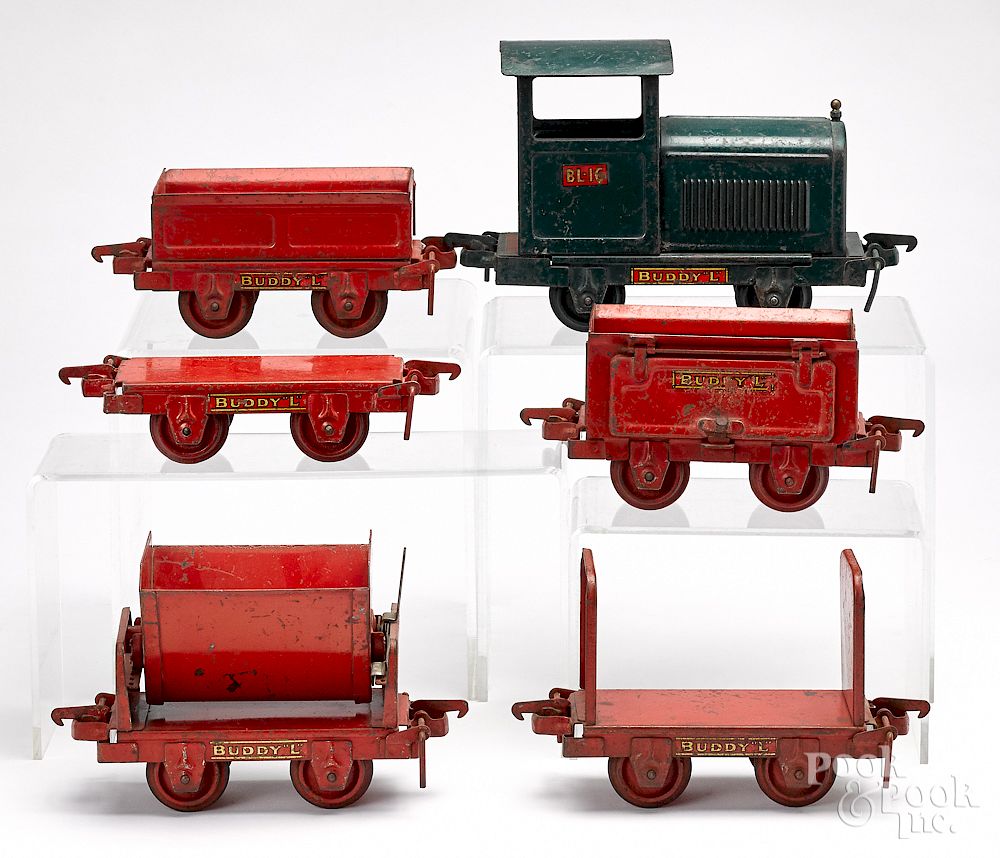 Appraisal: Pressed steel six-piece Industrial train Buddy L pressed steel six-piece