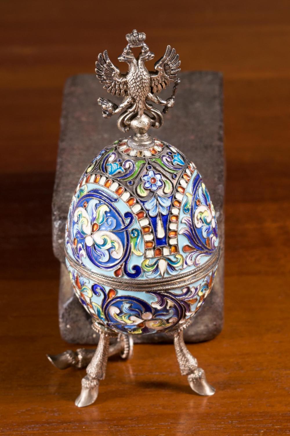 Appraisal: RUSSIAN ENAMELED SILVER EGG Pavel Ovchinnikov Moscow - Moscow Kokoshnik