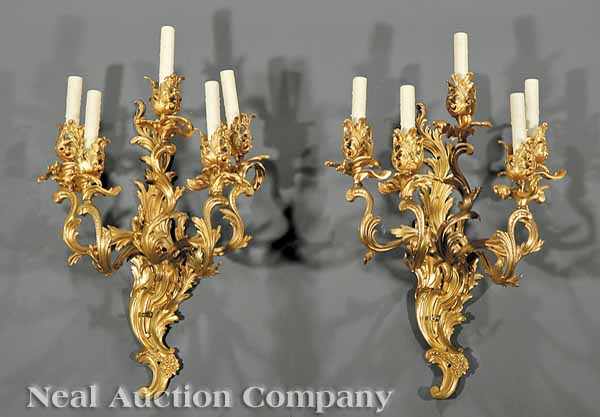 Appraisal: A Pair of Louis XV-Style Gilt Bronze Five-Light Sconces c