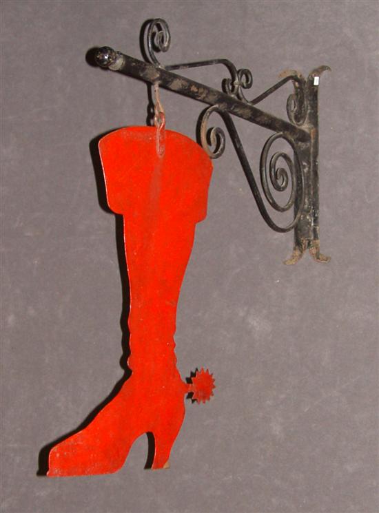 Appraisal: Bootmaker's Trade Sign Circa Blacksmith wrought hanger Red painted boot