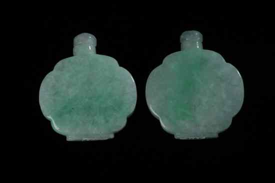 Appraisal: PAIR CHINESE APPLE GREEN JADEITE QUATREFOIL SNUFF BOTTLES Of flattened