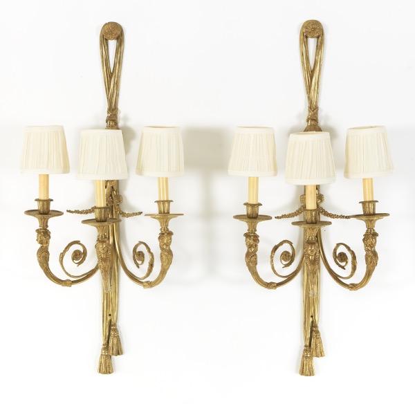 Appraisal: PAIR OF FRENCH GILT BRONZE THREE-ARM SCONCES CA x Cast