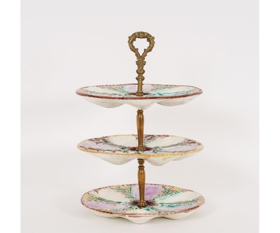 Appraisal: Three-tier majolica oyster server th c h x dia Condition