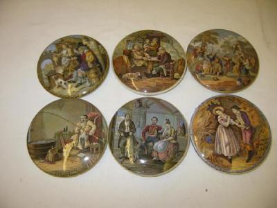 Appraisal: SIX PRATTWARE POT LIDS entitled The Enthusiast The Rivals A