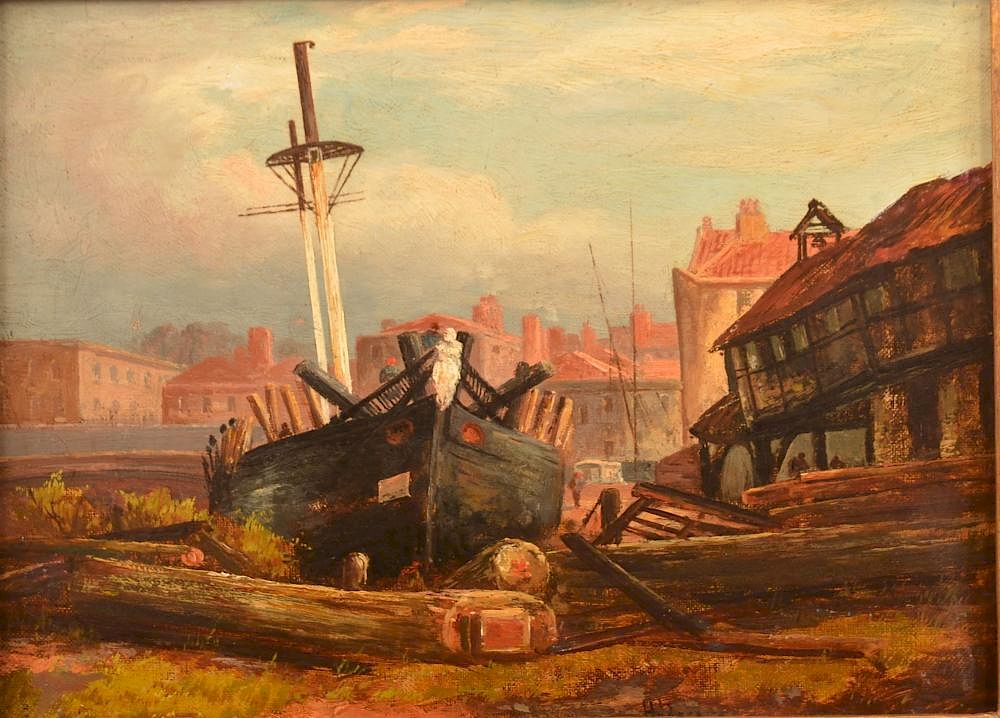 Appraisal: Painting of a Boat and Cityscape signed Hodges th th