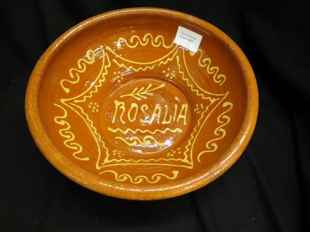 Appraisal: Pennsylvania Redware Pottery Bowl slip decorated Rosalia