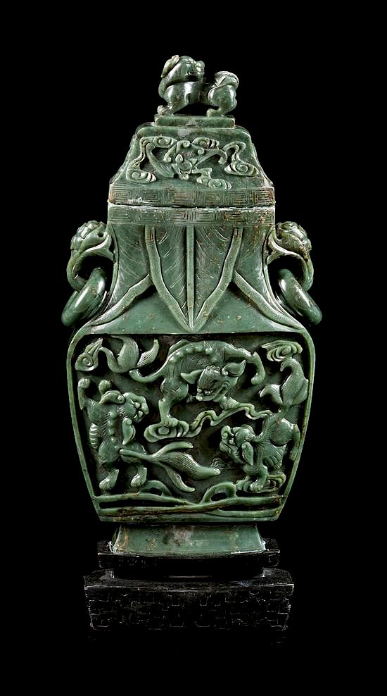 Appraisal: A Spinach Jade Covered Vase Fanghu Height inches A Spinach