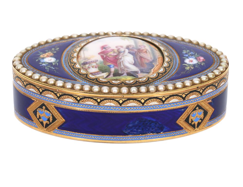 Appraisal: RARE CONTINENTAL ANTIQUE ENAMEL GOLD BOXContinental oval hinged box with