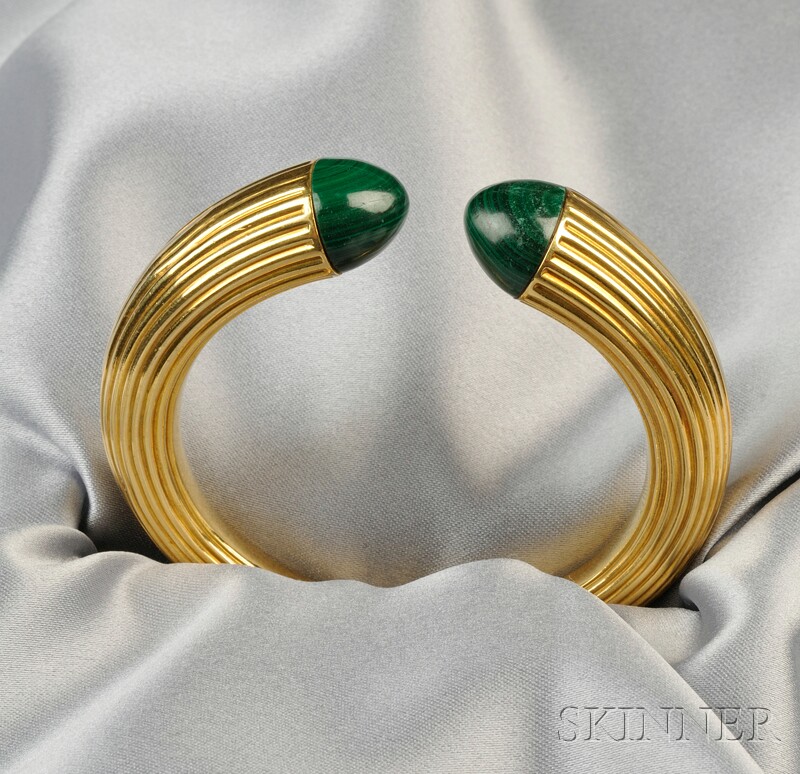 Appraisal: kt Gold and Malachite Bracelet the hinged ribbed cuff with