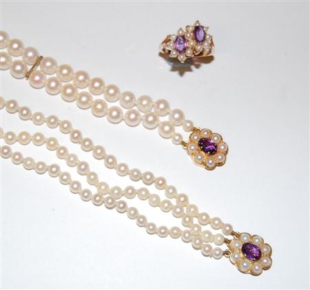 Appraisal: An amethyst and cultured pearl set suite comprising a necklace