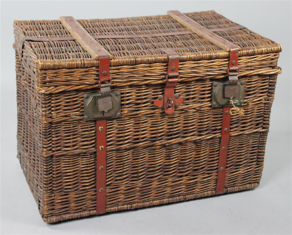 Appraisal: WOVEN WICKER CHEST HAMPER CHEST WITH LEATHER NAILHEAD TRIM wood