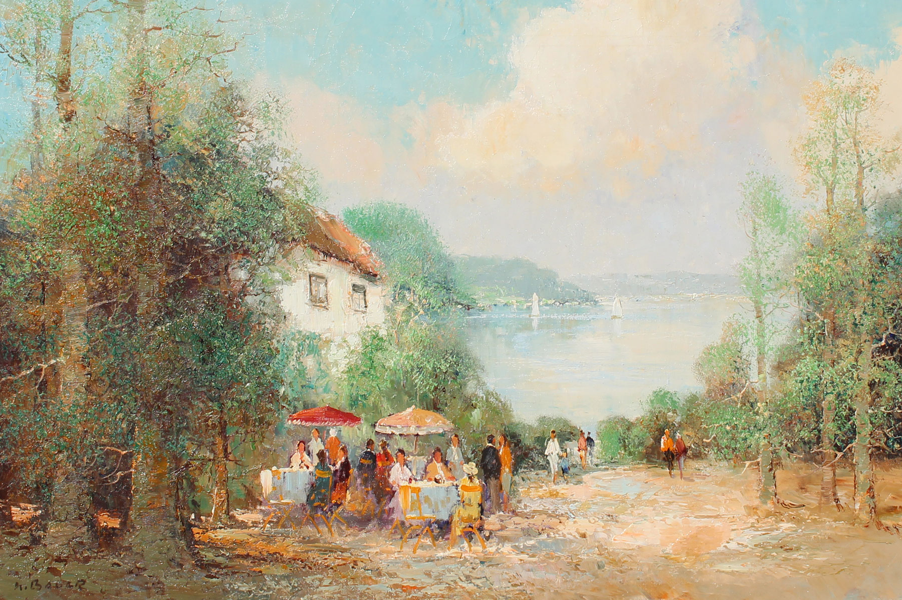 Appraisal: BAUER Willi German Lakeside Caf Oil Canvas '' x ''