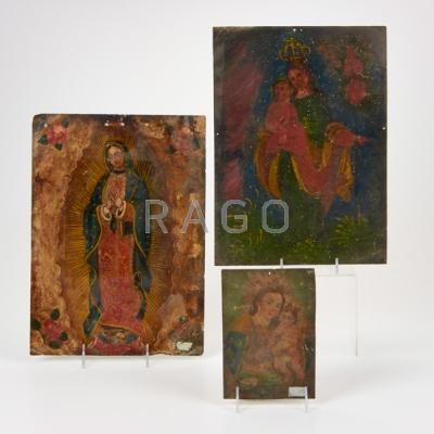 Appraisal: MEXICAN RETABLOS Three devotional paintings depicting Our Lady of Guadalupe