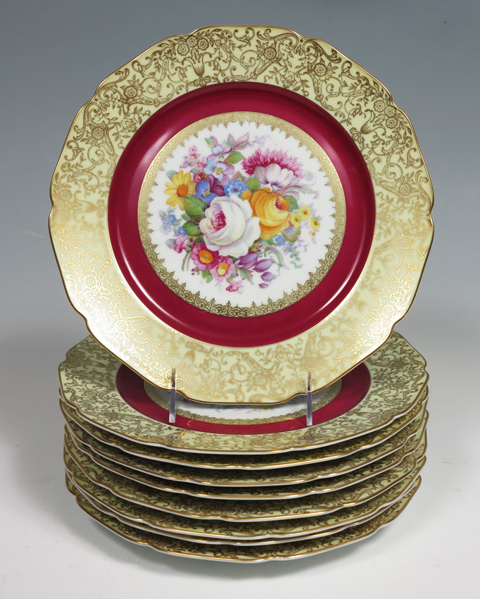 Appraisal: SET OF CZECH CHINA SERVICE PLATES Lacy gold border centering