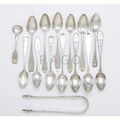 Appraisal: AMERICAN COIN SILVER SUGAR TONGS AND SPOONS Fifteen pieces sugar