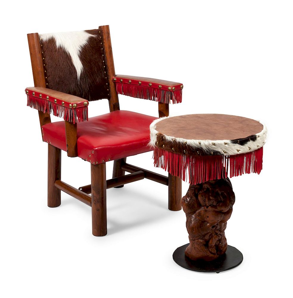 Appraisal: New West Chair and Burled Fringe Side Table table height