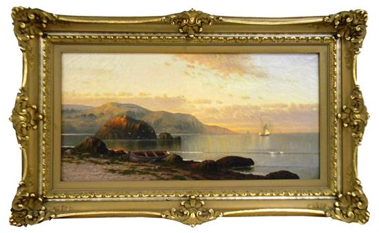 Appraisal: th C oil on canvas coastal landscape depicting sailboats along