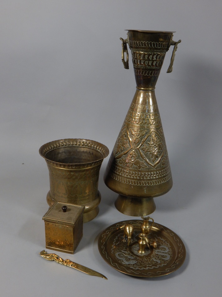 Appraisal: Two Eastern brass vessels each embossed with leaves lozenges etc