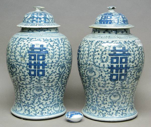 Appraisal: A pair of blue and white covered ginger jars Late