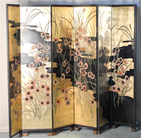 Appraisal: An Asian Laquered Six-fold Screen black with polychromed and gilt