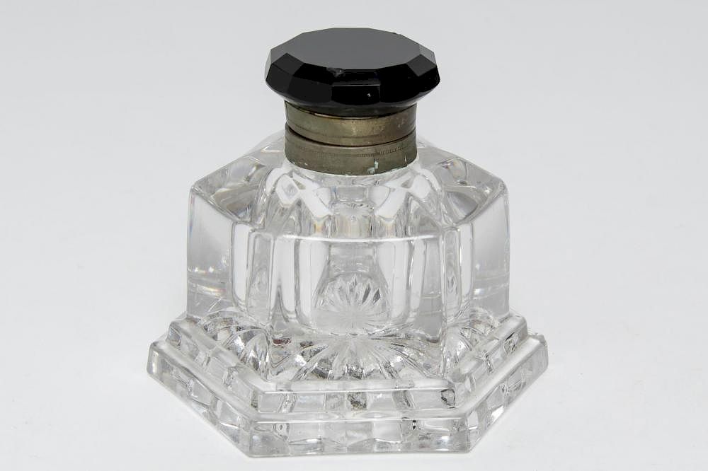 Appraisal: Mid-Century Glass Inkwell Mid-Century glass inkwell colorless with black faceted