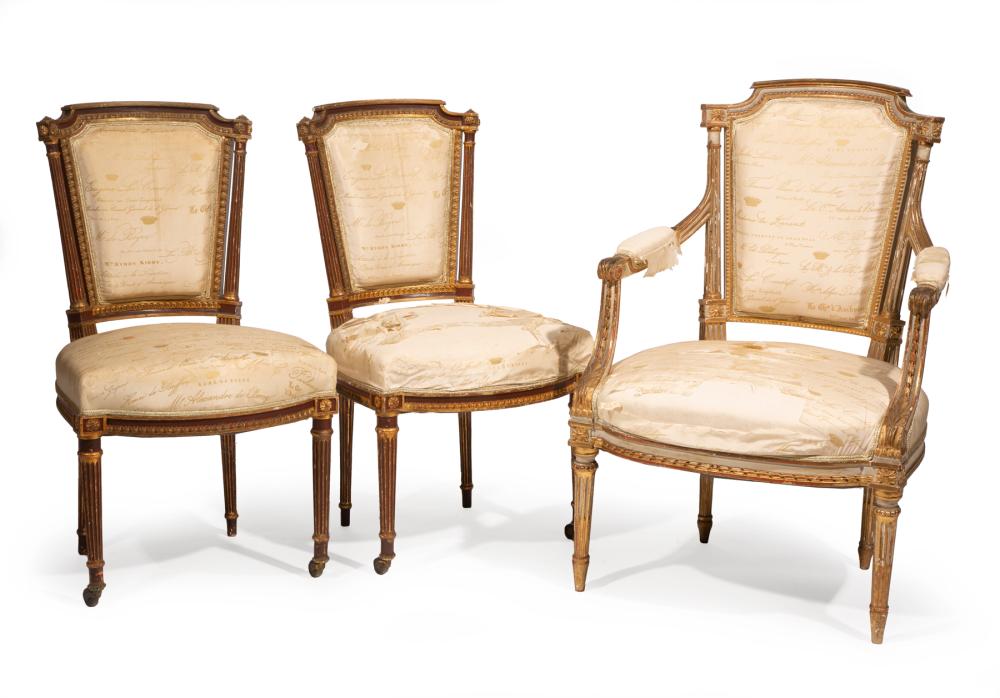 Appraisal: Three Antique Louis XVI-Style Painted and Parcel Gilt Chairs incl