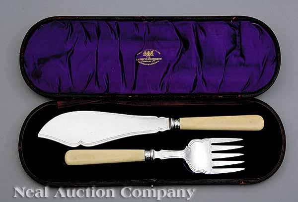 Appraisal: A Cased Silverplate and Bone Fish Serving Set The Goldsmiths