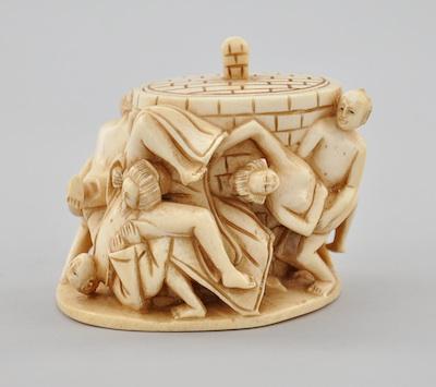 Appraisal: A Japanese Erotic Lidded Carved Ivory Box Carved ivory with