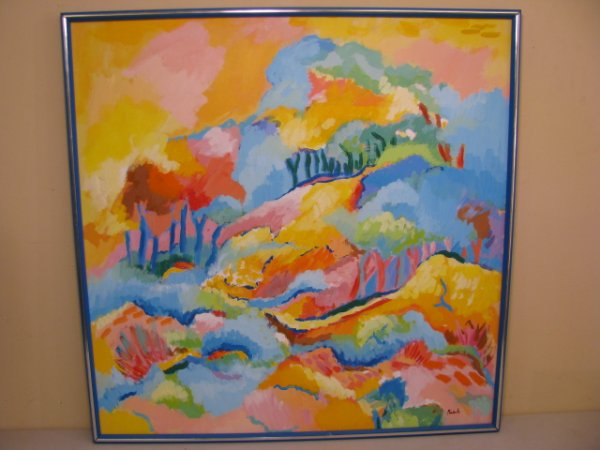 Appraisal: Abstract landscape oil painting on canvas framed Vibrant colors of