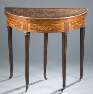 Appraisal: Dutch marquetry demi-lune flip top game table Continental carved wood