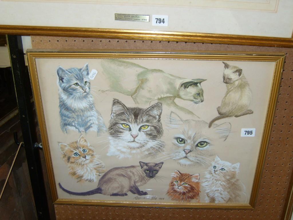 Appraisal: A pastel study of nine various cats by Raymond Kay