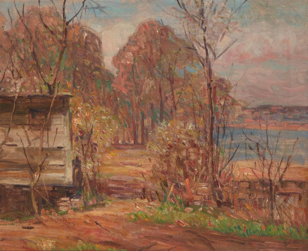 Appraisal: GEORGE DEMONT OTIS - SHACK IN AN AUTUMN RIVER LANDSCAPE