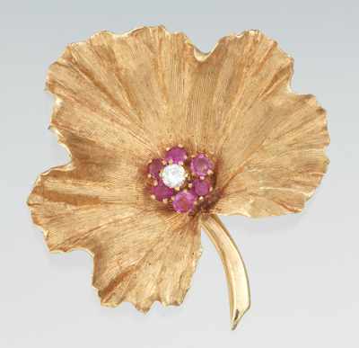 Appraisal: A Ladies' Retro Leaf and Gemstone Brooch k yellow gold