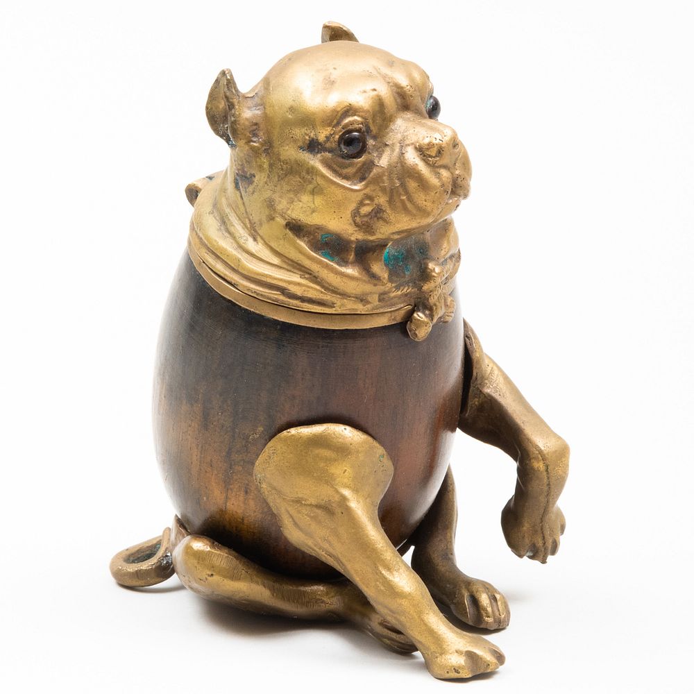 Appraisal: Arthur Court Brass Mounted Wood Pug Form Inkwell Stamped mark