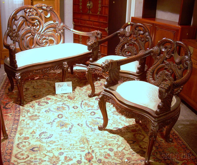 Appraisal: Three-piece Asian Export Carved Hardwood Seating Suite with upholstered seats