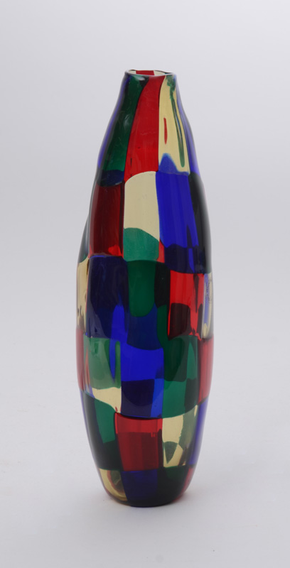 Appraisal: FULVIO BIANCONI PLATED GLASS CHECK VASE Engraved 'Venini ' Fulvio