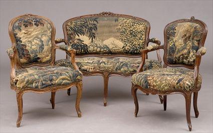 Appraisal: LOUIS XV-STYLE CARVED WALNUT THREE-PIECE SUITE WITH VERDURE TAPESTRY UPHOLSTERY