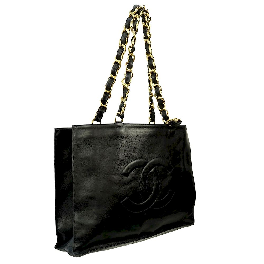 Appraisal: Chanel Tote Chanel Black Leather Front Logo Tote Black leather