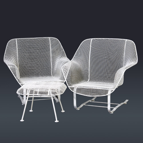 Appraisal: RUSSELL WOODARD Two white wire mesh lounge chairs and single