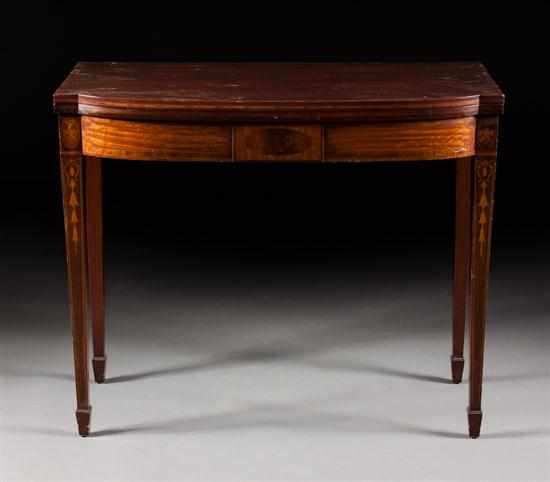 Appraisal: Potthast Brothers Federal style inlaid mahogany bow-front flip-top games table