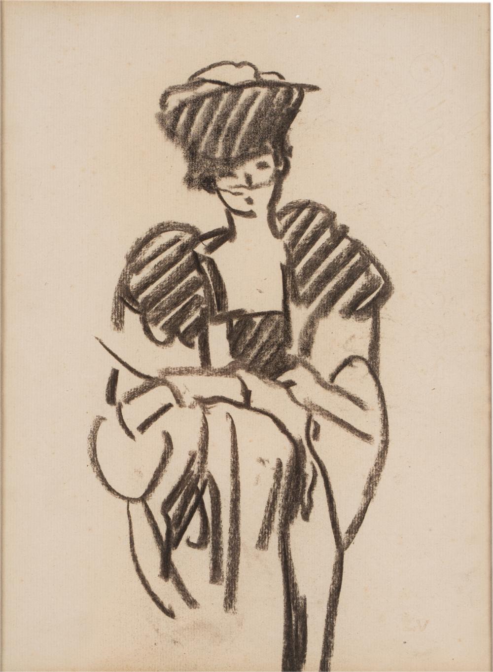 Appraisal: LOUIS VALTAT - FEMME AU CHAPEAU charcoal signed lower right